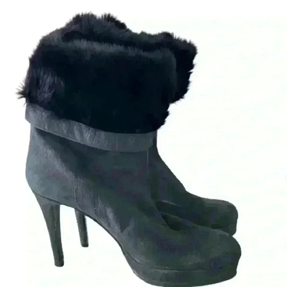 VERO CUIOIO BLACK LEATHER FUR HEELS OVAL TOE PLATFORM BOOTS SIZE 38